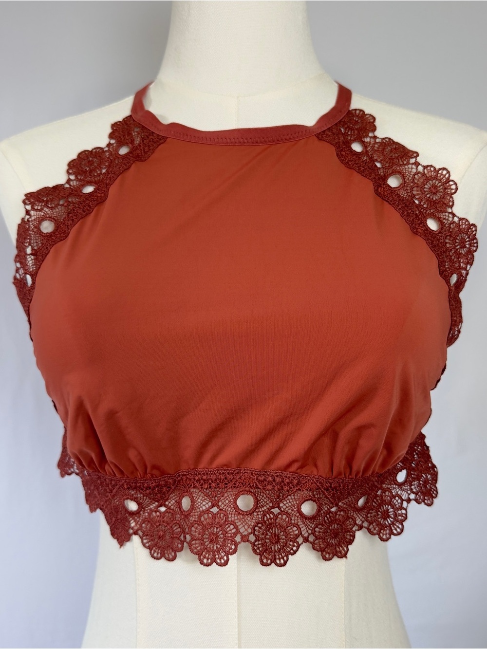 Aerie Rust Crochet Lace Halter Bralette NWT Size L